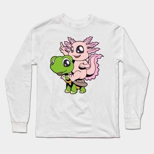 Cartoon - Cute axolotl sitting on turtle Long Sleeve T-Shirt